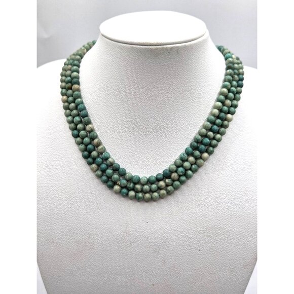 Handcrafted Multi-Strand Green/Blue Beaded Necklace With Natural Stone Look - Picture 2 of 2